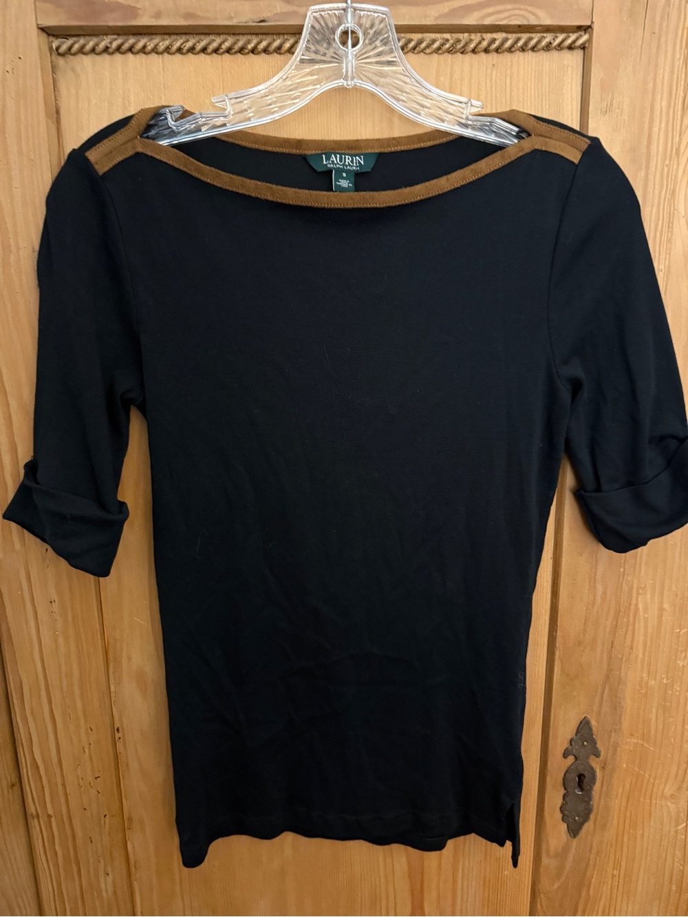 Ralph Lauren Black Boatneck Top with Tan Suede Trim